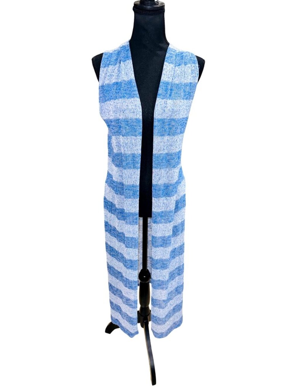 Blue White Striped Sleeveles Long Open-Front Knit Cardigan Vest Women M Nautical